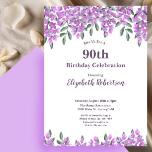 Convite Flores Roxas Elegantes Aniversário de 90 anos para