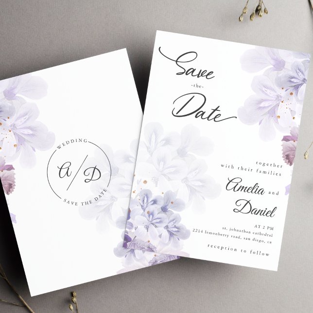 Convite Flores roxas elegantes casamento Save the Date (Criador carregado)