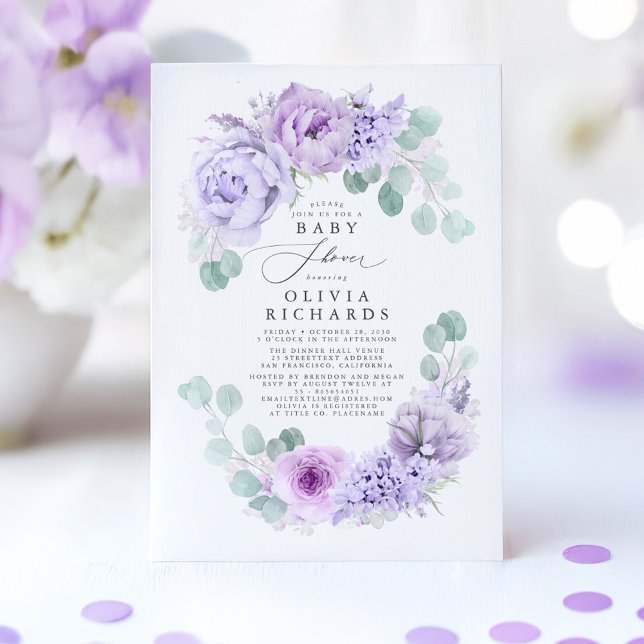 Convite Flores Roxas Elegantes Chá de fraldas Suave Elegan (Purple Baby Shower Invitation)