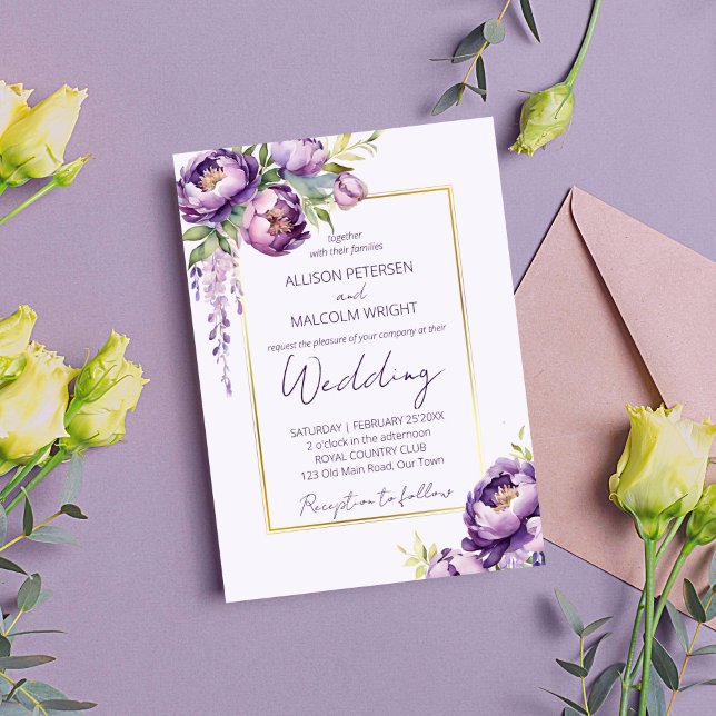 Convite Flores roxas Elegantes todas em uma modelo de casa (Elegant purple watercolor peonies wisteria wedding editable template invitation digital download)