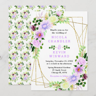 Convite Flores Roxas Florais com Folhagem Casamento