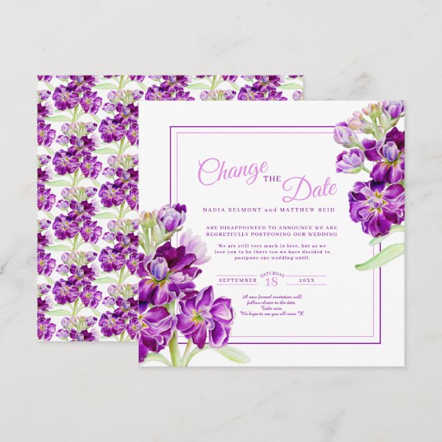 Convite Flores roxas, flores de arte, casamento muda a dat (Frente/Verso)