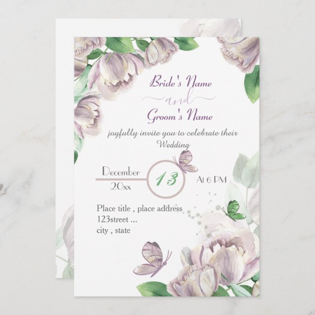 Convite flores roxas folhas verdes borboletas casamento em (Frente/Verso)
