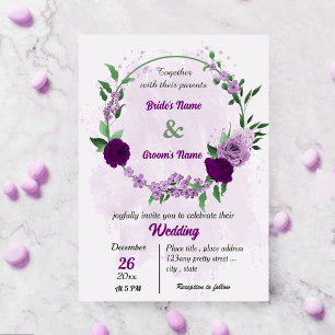 Convite Flores roxas folhas verdes casamento botânico