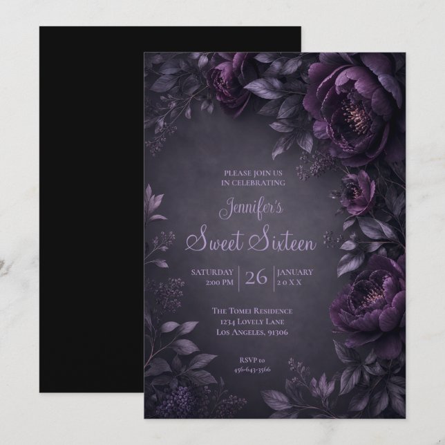 Convite Flores Roxas Mal-Humoradas Sweet 16 Aniversário (Frente/Verso)