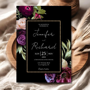 Convite Flores Roxas Modernas Casamento Preto Sombrio