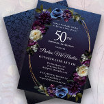 Convite Flores Roxas Moody 50th Festa de aniversário<br><div class="desc">Rosas roxas escuras e sofisticadas e temperadas e flores silvestres criam um design floral chic. Pop de branco e azul acrescentam interesse visual e profundidade. Berries e frutas acrescentam à design de enxofre. Juntos, eles decoram um elegante quadro de ouro oval multifita. O convite de volta tem um sutil padrão...</div>