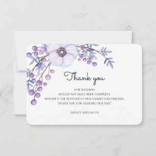Convite Flores roxas obrigado. Nota de casamento botânica