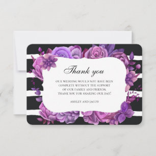 Convite Flores roxas obrigado. Nota floral de casamento
