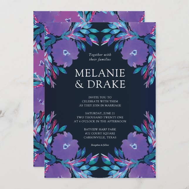 Convite Flores Roxas, Pintadas Convocação De Casamento (Frente/Verso)