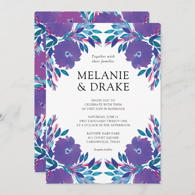 Convite Flores Roxas, Pintadas Convocação De Casamento (Frente/Verso)