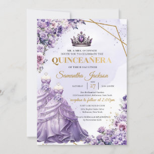 Convite Flores roxas Princesa Gêmea Vestida Quinceañera