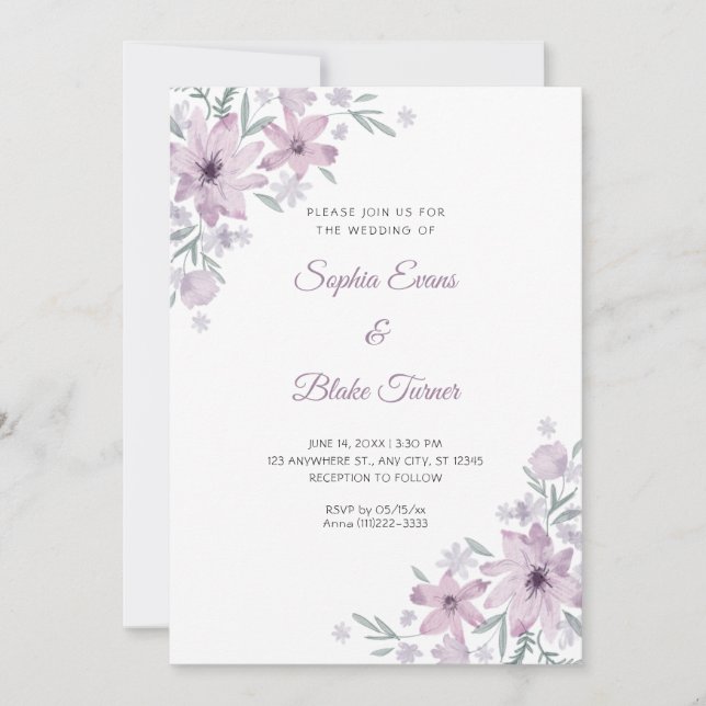 Convite Flores Roxas Românticas Florais Casamento Branco (Frente)
