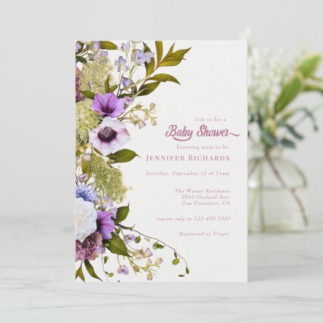 Convite Flores Roxas Rosa | Bebê Bloqueador (Em pé/Frente)