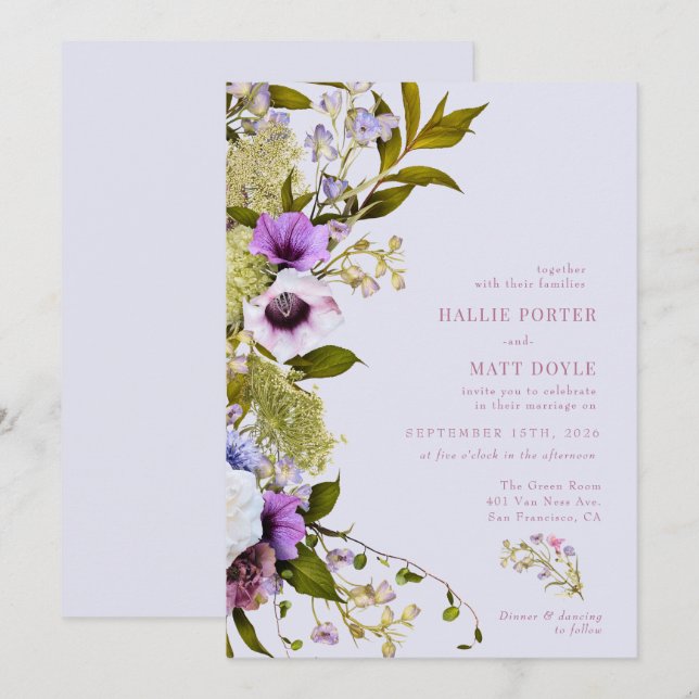 Convite Flores Roxas Rosa | Bloom Wedding (Frente/Verso)
