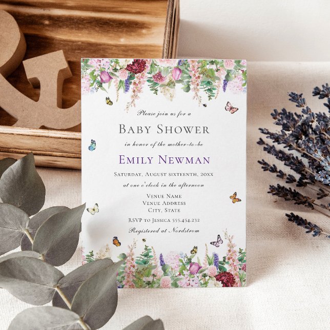 Convite Flores roxas rosa com Chá de fraldas de borboletas (Criador carregado)