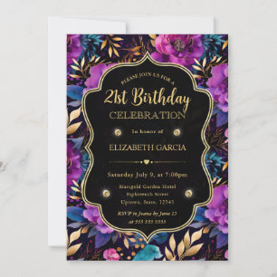 Convite Flores Roxo e Dourado em Aquarela para 21º Anivers