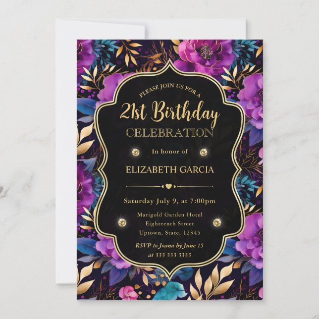 Convite Flores Roxo e Dourado em Aquarela para 21º Anivers (Frente)