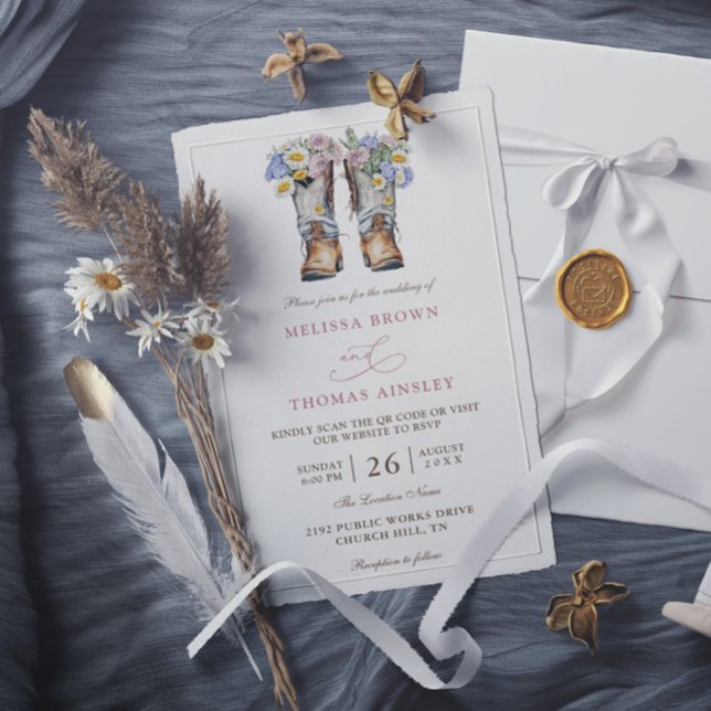 Convite Flores Rurais Casamento QR Code Rústico Chic Orçam (Criador carregado)