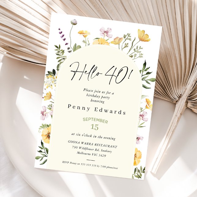Convite Flores Russas Amarelas Olá 40 aniversário de 40 an (40th Birthday Invitation, Hello Forty Boho Birthday Invite, Editable Template, Modern Wildflowers)