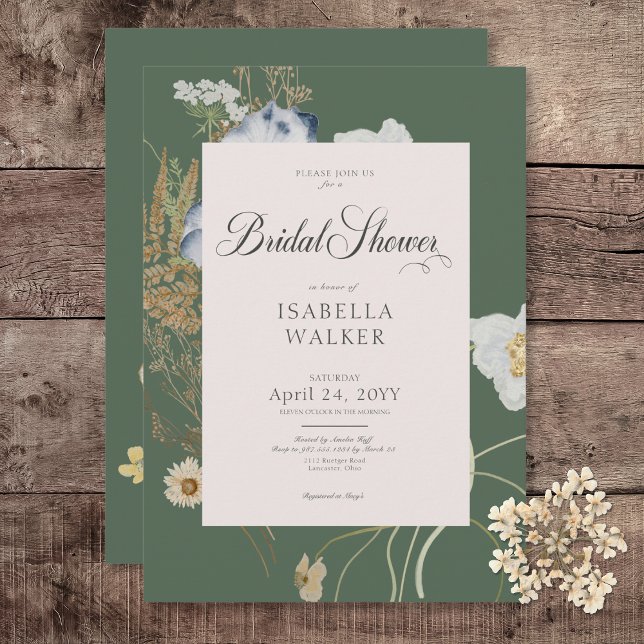 Convite Flores Russas no Chá de panela Verde Sage (Rustic Wildflowers on Sage Green Bridal Shower Invitation)