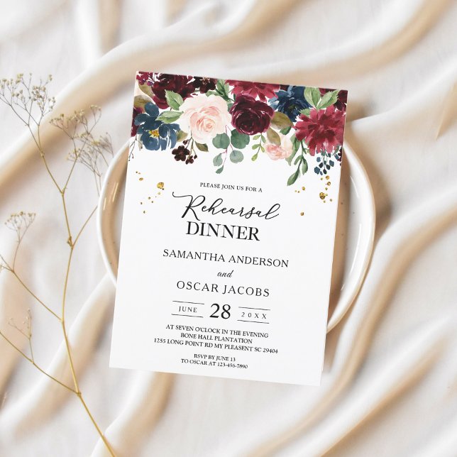 Convite Flores Rustic Burgundy Marinho Blue & Red Beauty (Criador carregado)