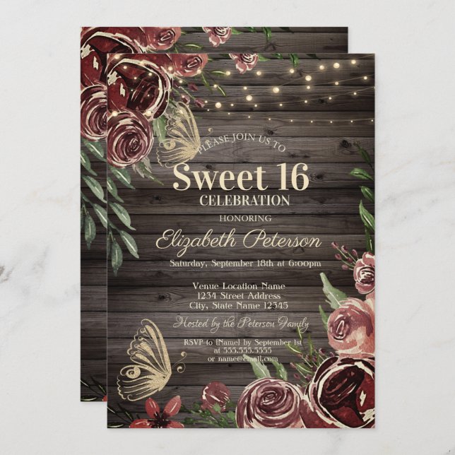 Convite Flores Rústicas Blitter Bitterflies Madeira Sweet  (Frente/Verso)