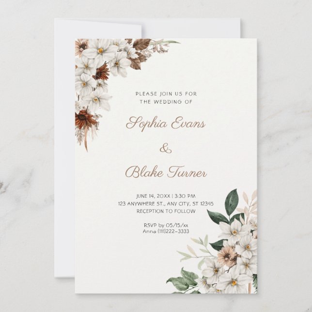 Convite Flores Rústicas Brancas Boho Casamento Branco (Frente)