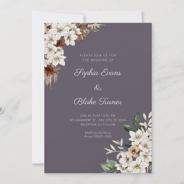 Convite Flores Rústicas Brancas Esfumadas Casamento Boho (Frente)