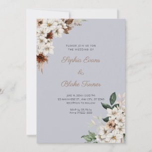 Convite Flores Rústicas Brancas Esmaecidas Boho Nuvem Cinz