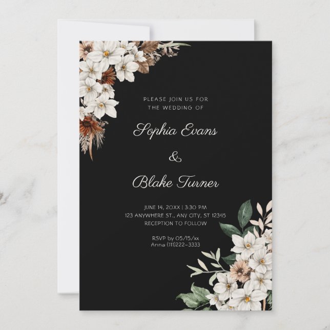 Convite Flores Rústicas Brancas Esmaecidas Casamento Boho  (Frente)