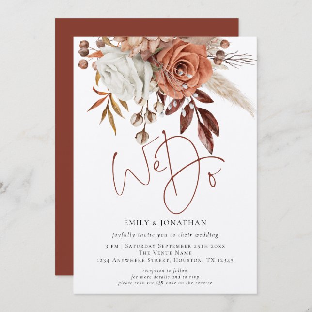 Convite Flores Rústicas de Terracota Nós Fazemos QR Code C (Frente/Verso)