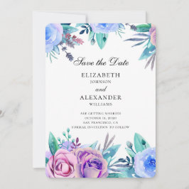 Convite Flores salvam a data. Casamento roxo e azul