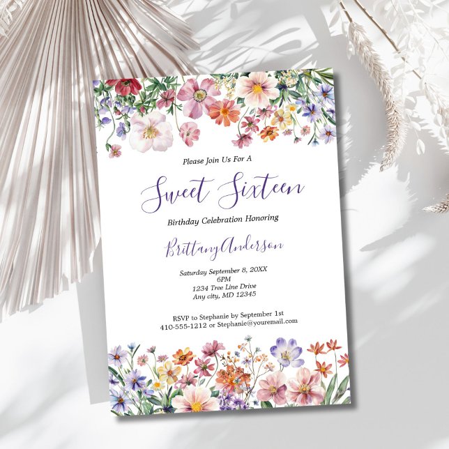 Convite Flores Selvagens Aquarela Doce Dezesseis 16 Aniver (Wildflowers watercolor florals sweet sixteen 16th birthday invitation. Printed or Digital)