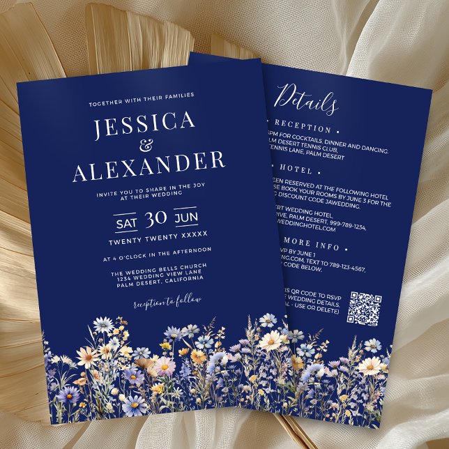 Convite Flores Selvagens Azuis Dusty Tudo Em Um Casamento  (Dusty Blue Wildflower All In One QR Code Navy Wedding Invitation with Reception, Hotel, RSVP on Back)