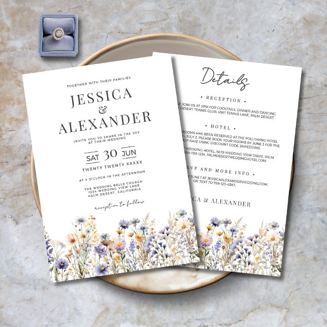Convite Flores Selvagens Azuis Elegantes Todos Em Um Casam (Dusty Blue Wildflowers Elegant All In One Wedding Invitation with Details on the Back.)