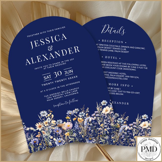 Convite Flores Selvagens Azuis, Todas Em Um Casamento De M (Dusty Blue Wildflowers Elegan All In One Navy Wedding Invitation with Reception, Hotel, RSVP on Back)