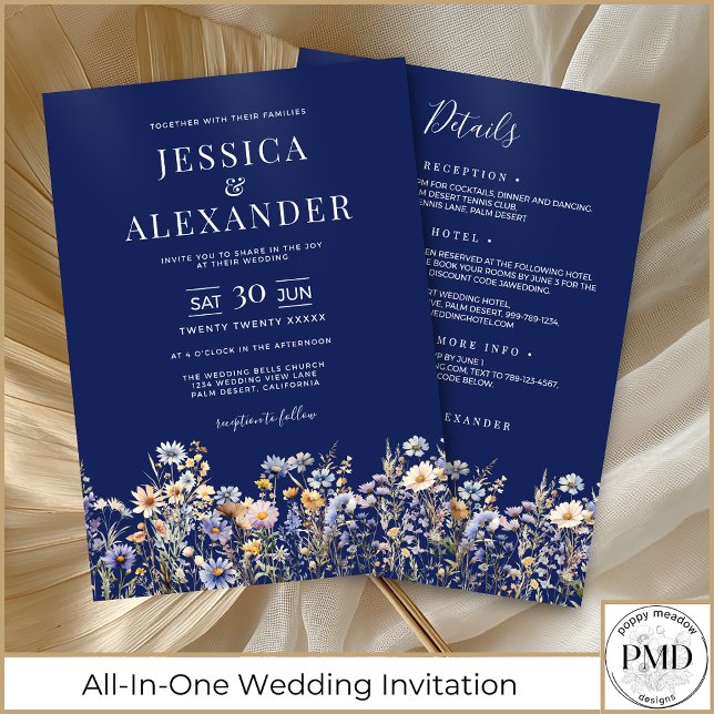 Convite Flores Selvagens Azuis, Todas Em Um Casamento De M (Dusty Blue Wildflower All In One Navy Wedding Invitation with Reception, Hotel, RSVP on Back)