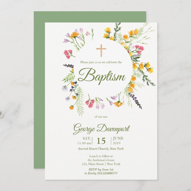 Convite Flores Selvagens Batismo Acontecimento Religioso C (Frente/Verso)