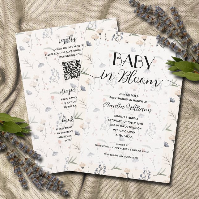 Convite Flores Selvagens Bebê em Bloomia Chá de Marfim Tud (Wildflower baby in bloom ivory all in one baby shower invitations, PRINTED and/or DOWNLOAD)