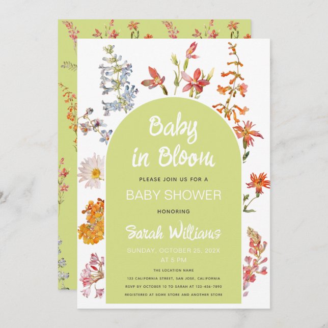 Convite Flores selvagens Bebê no Arco Verde Bloqueado Chá  (Frente/Verso)