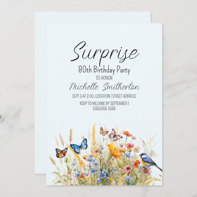 Convite Flores selvagens Borboletas Aves Surpresa 80 (Frente/Verso)