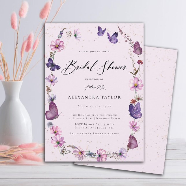 Convite Flores selvagens Borboletas Boho Frame Chá de pane (boho wildflowers frame butterflies garden pink purple bridal shower invitation elegant rustic)
