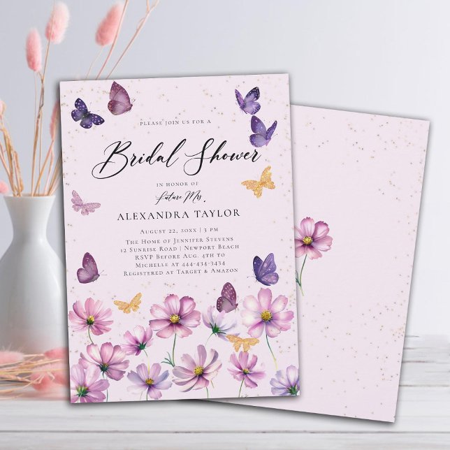 Convite Flores Selvagens Borboletas Chá de panela de Jardi (wildflowers butterflies pink purple garden bridal shower invitation elegant boho modern rustic gold)