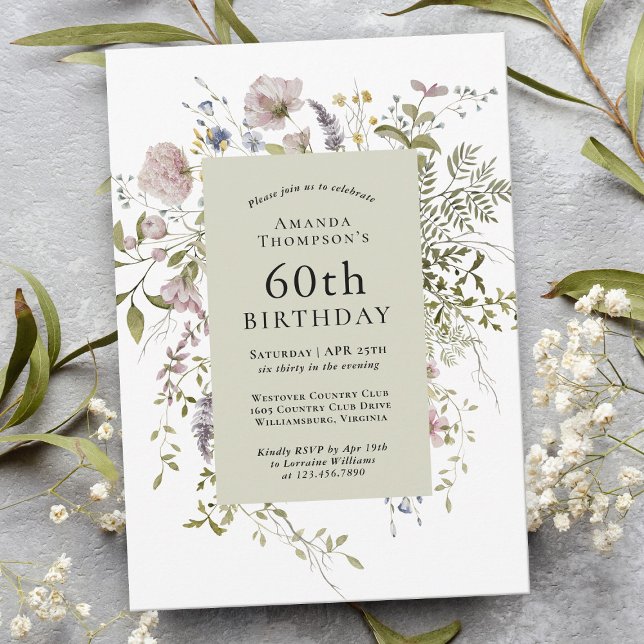 Convite Flores Selvagens Botânicas Elegantes 60º aniversár (Criador carregado)