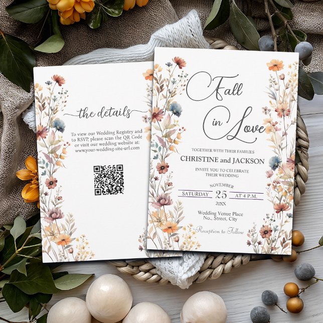 Convite Flores selvagens caem no amor Código QR Casamento (Criador carregado)