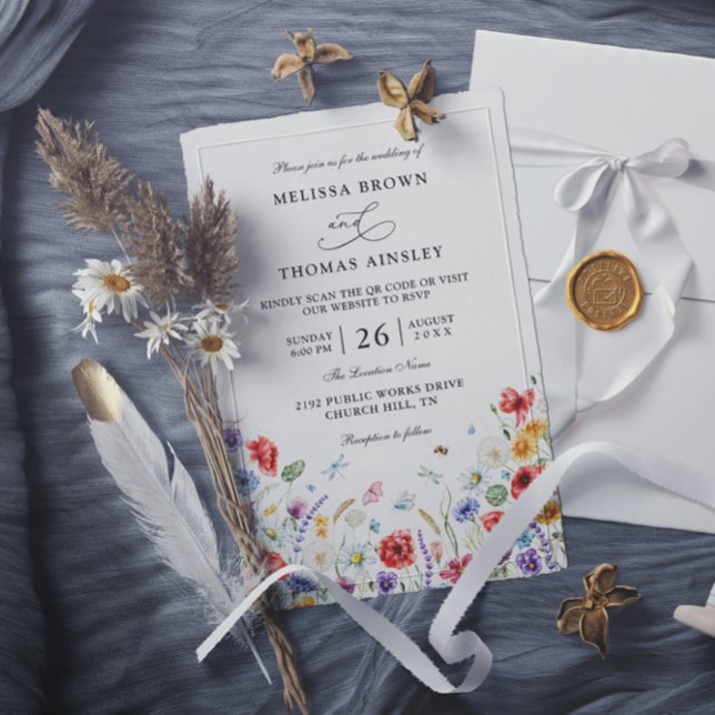 Convite Flores Selvagens Casamento QR Code Moderno Elegant (Criador carregado)