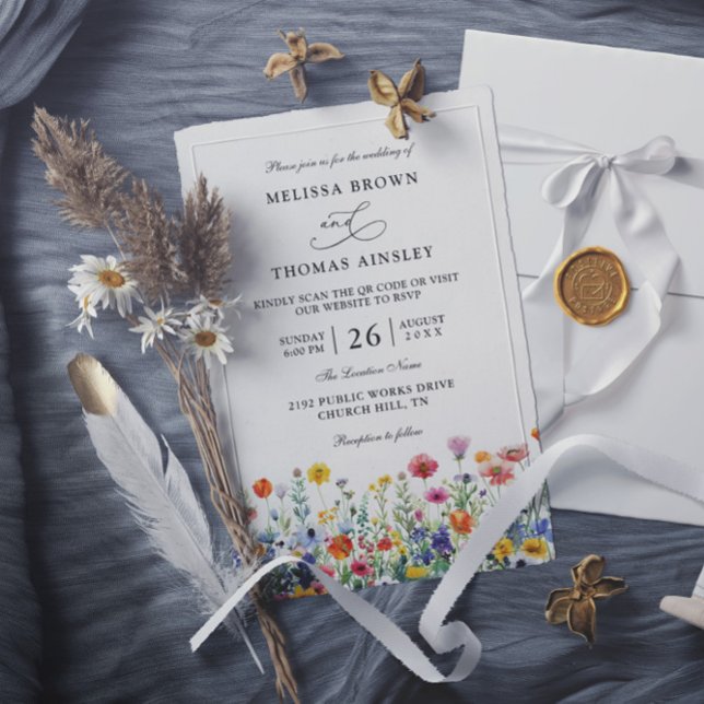 Convite Flores Selvagens Casamento QR Code Moderno Elegant (Criador carregado)