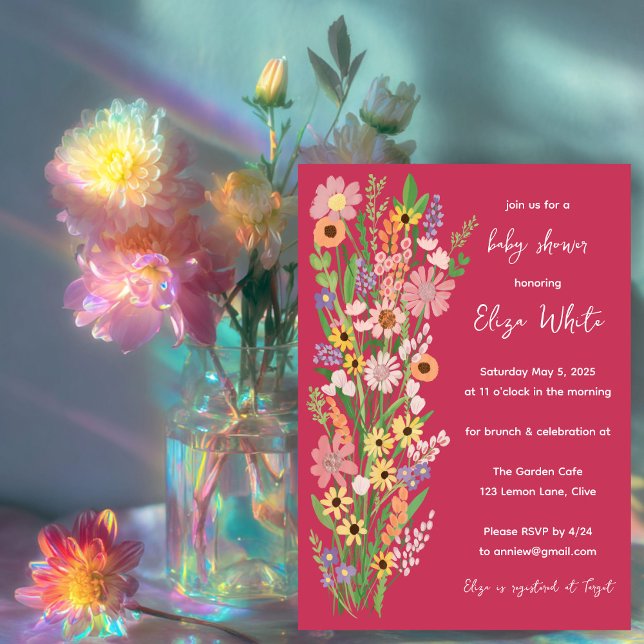 Convite Flores selvagens Chá de fraldas rosa personalizado (Wildflowers Handpainted Custom Pink Baby Shower Invitation
)