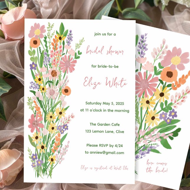 Convite Flores Selvagens, Chá de panela Personalizado Doce (Wildflowers Handpainted Sweet Custom Bridal Shower Invitation
)